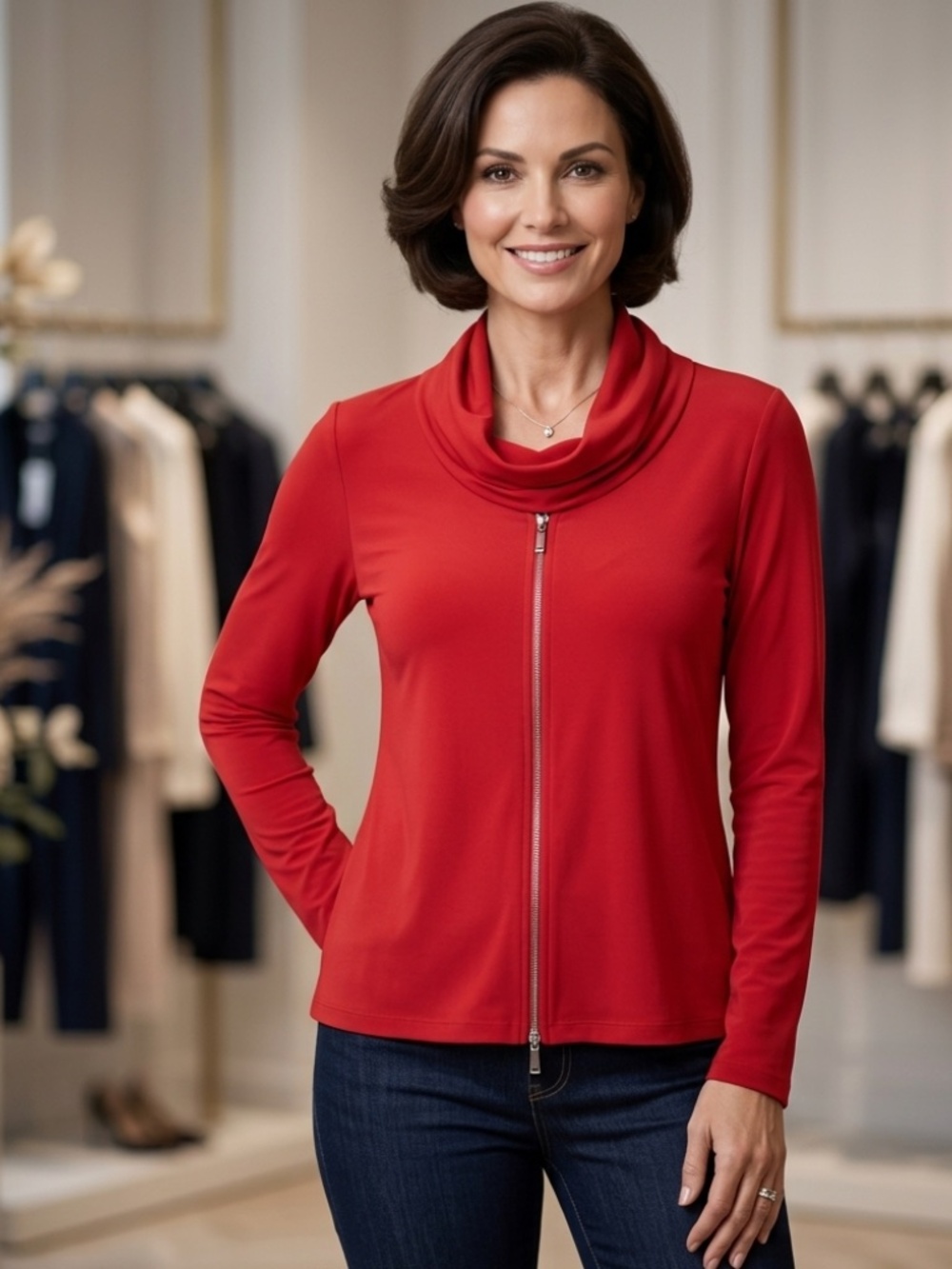 Joseph Ribkoff Red Cowl Neck Long Sleeve Top
